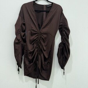 PrettyLittleThing Chocolate Long Sleeve Mini Satin/Silk Dress Size 4